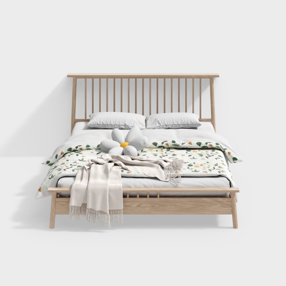 Nordic Solid Wood Double Bed 3D Model in Natural Wood Finish