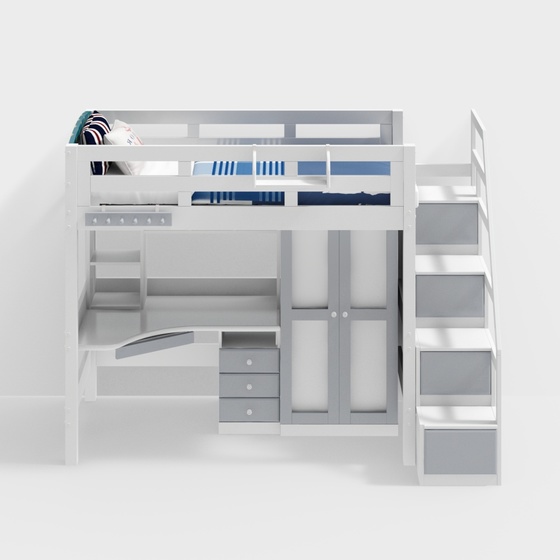 Modern bunk bed with upper bed and lower table