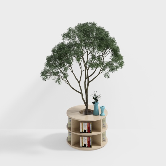 Library square bookshelf with plants