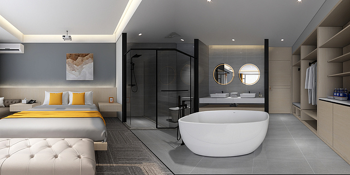 齐Design-固阳宾馆-大床房带浴缸-装修设计方案