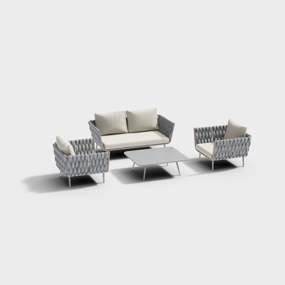 4-teiliges Sofagarnitur im Freien mit Sitzen und Kissen aus Gurtband in Beige und Grau