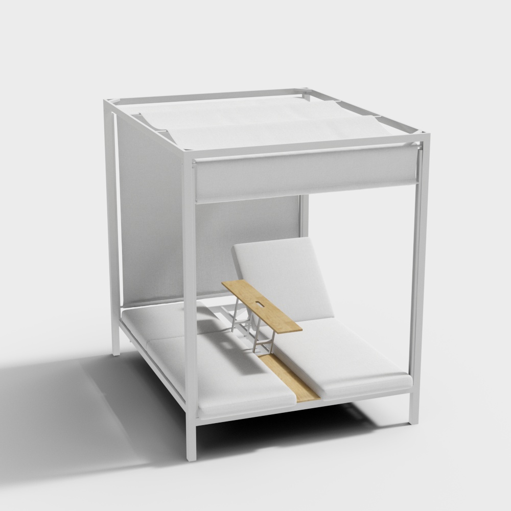 Sofá cama para patio exterior de aluminio blanco para 2 personas con toldo y mesa de café de nogal con parte superior elevable