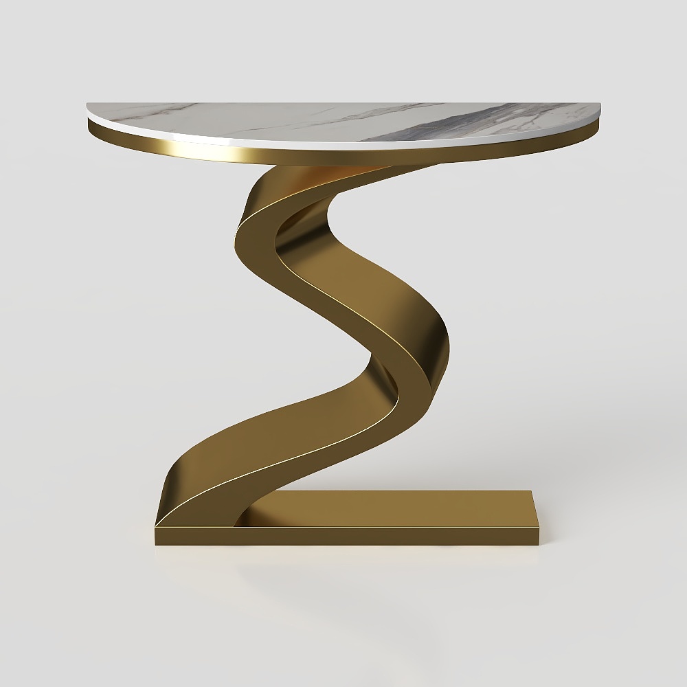 Modern 39.4 White & Gold Curved Console Table with Sintered Stone Top Half  Moon Shape