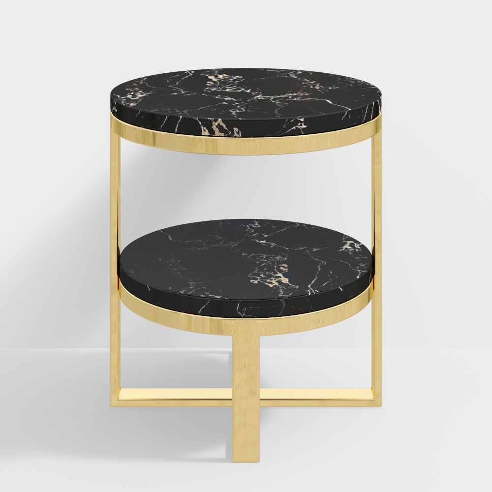 Table de chevet ronde en marbre noir doré avec table de chevet 2 niveaux