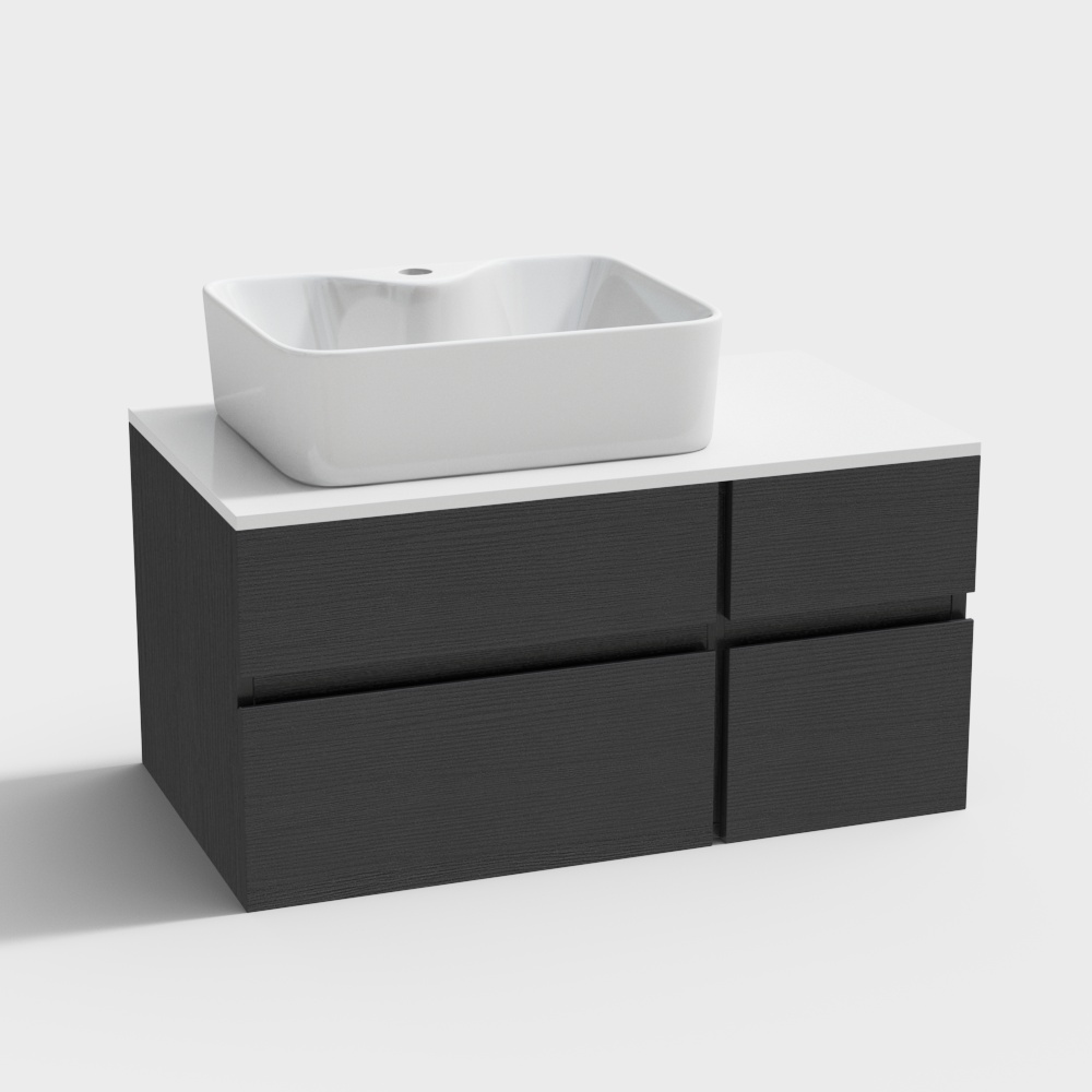 31" Black & White Floating Bathroom Vanity Faux Marble Top Ceramic Vessel Sink