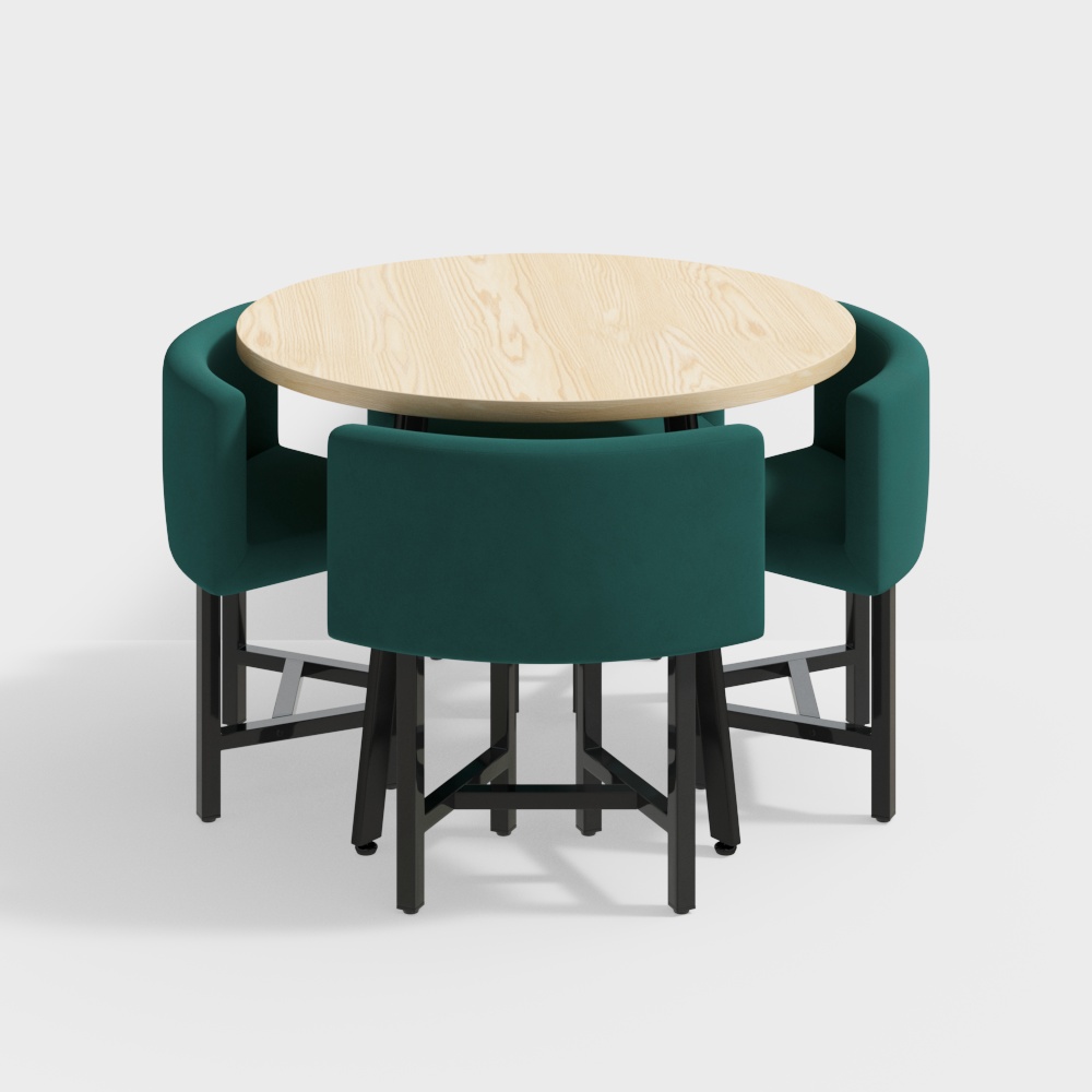 Juego de mesa de comedor nido de madera redonda de 1000 mm para 4 sillas tapizadas verdes