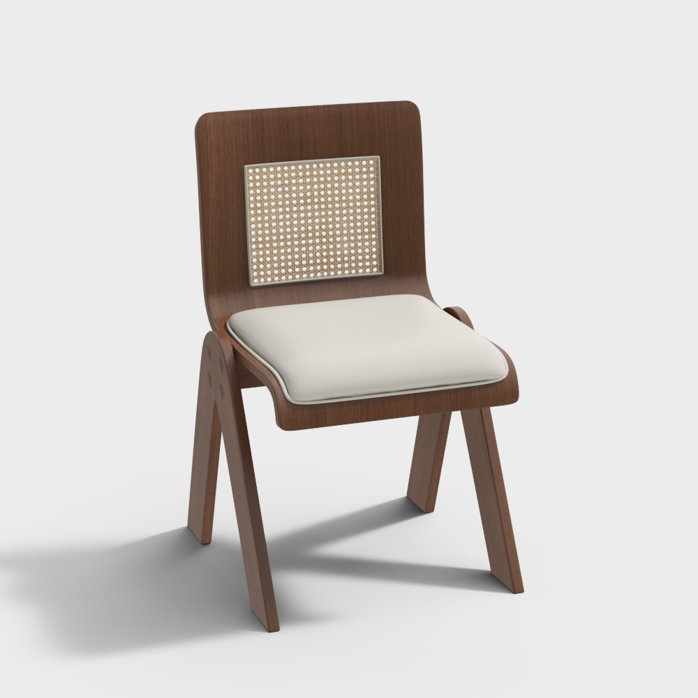 Japandi Walnut Dining Chair (Set of 2) Wood Legs & PU Leather Rattan Side Chair