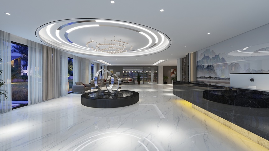 这个场景是一个酒店大堂的3D渲染图。整个大堂非常宽敞明亮，采用了白色和黑色的装修风格，给人一种高端、大气的感觉。大堂的地面使用了白色的大理石瓷砖，天花板上挂着一个白色的吊灯，还有多个嵌入式灯带，这些灯带在晚上可以营造出非常温馨的氛围。大堂的中央有一个玻璃钢雕塑，周围是沙发和座椅，方便客人休息。再往里走，可以看到一个黑色的前台，背后是一面装饰画墙。画面描绘的是祖国的大好河山，非常壮丽。整个场景的左侧是大堂的入口，入口处有白色的罗马帘子，帘子上面有装饰图案，非常精美。