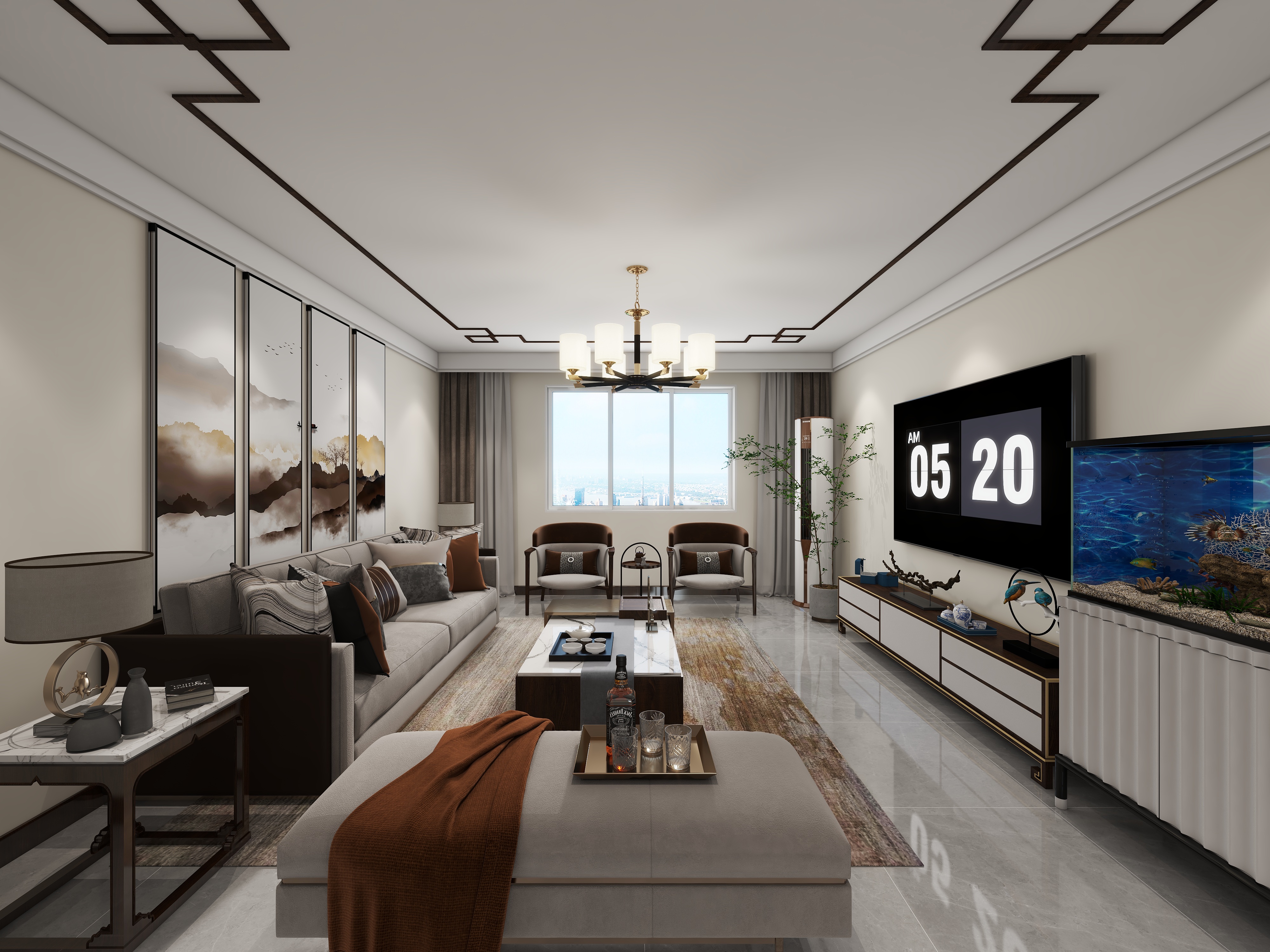 胖头鱼设计-名仕博郡现代中式100㎡2室装修效果图