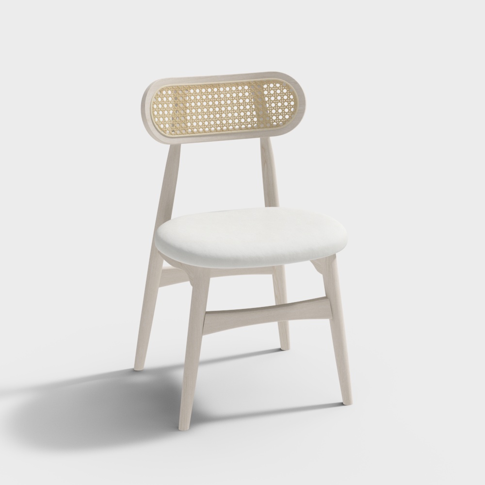 Silla de comedor tapizada de ratán de madera blanqueada Japandi, silla auxiliar de madera de fresno, piel sintética