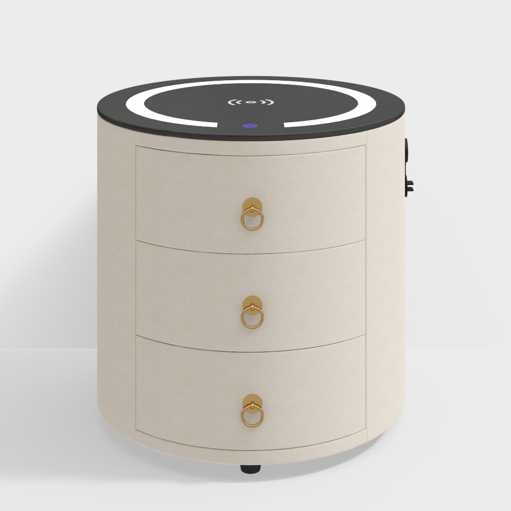 Modern Off-White Round Nightstand with Light & Wireless Charging & Speakers & USB Port