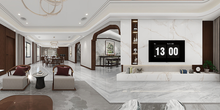 一叶设计机构-周府别墅新中式风格效果图-装修设计方案