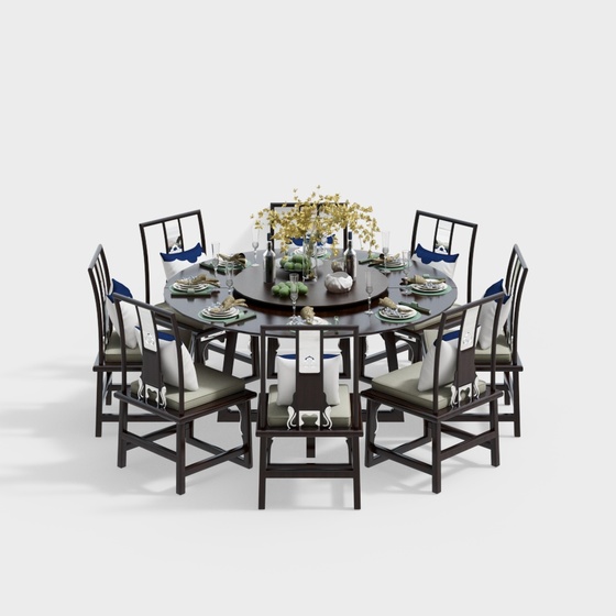 Chinese Round Eight-Seat Dining Table And Chairs Set