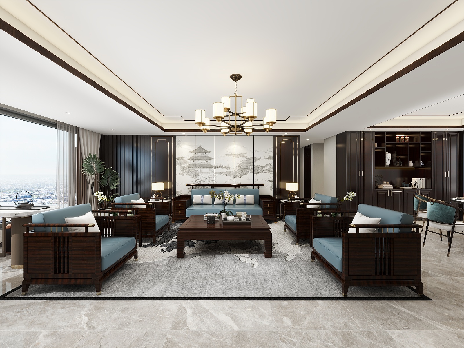 吴爽-新中式大平层四室设计装修效果图