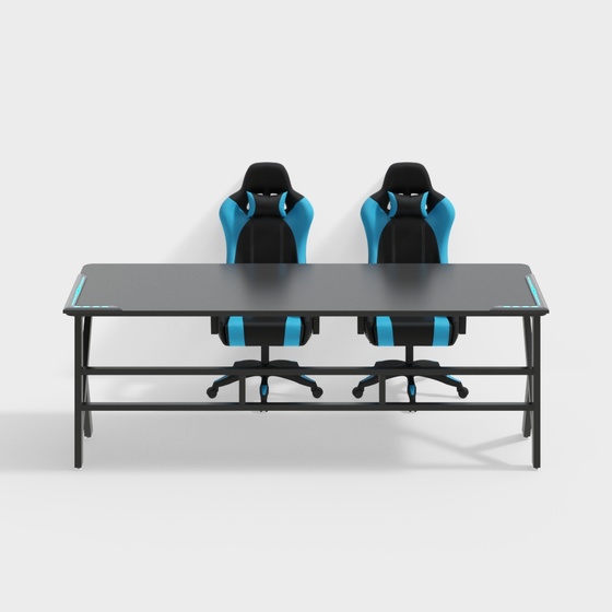 Modern Internet Cafe Table and Chair Combination 3D Model in Black