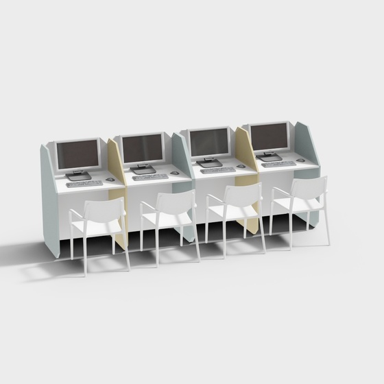 Computer Classroom Desk and Chair Combination 3D Model in Gray