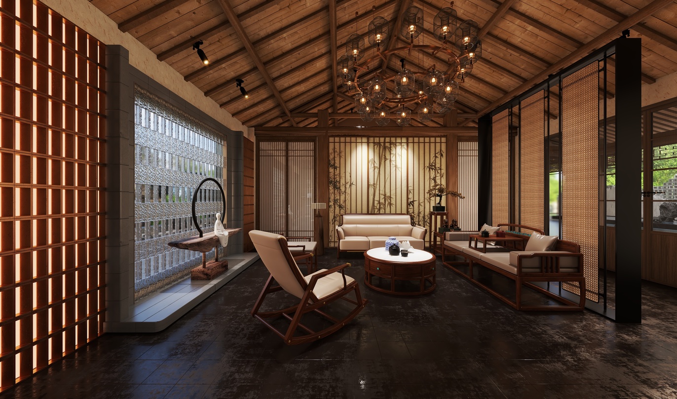 房顶是棕色的木质瓦片,屋顶有横梁.墙面是白色,与棕色的木质窗框相配.