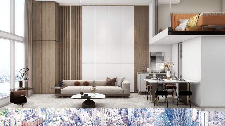这个场景是一个 loft 风格的客厅和卧室的合体装修效果图，整个空间非常宽敞，色调以白色和棕色为主，家具和装饰品线条流畅，造型简约。首先，客厅的地板是浅灰色的木地板，地板上铺了一块白色地毯。墙面是棕色的木饰面板，中间是白色的饰面板，这种设计让空间既有一种温暖的感觉，又不失现代感。在墙面与地面的衔接处，设计了一种横向的木条装饰，这种设计既美观又实用。在墙面与顶面的衔接处，设计了一种白色的竖向木条装饰，这种设计让空间显得更加高挑。在客厅里，摆放了一张浅灰色的沙发，沙发旁边放了一个黑色的茶几。沙发的左边是一个装满书的书架，书架的上方摆放了一个方形的装饰画。沙发的右边是一张长方形的餐桌，餐桌旁边是四把椅子。在餐桌和沙发的中间，设有一个圆形的咖啡桌。在餐桌和书架的前面，摆放了一台方形的电脑桌，电脑桌上放了一台电脑和一束插在玻璃花瓶里的花。在电脑桌和沙发的前面，设有一个可以坐人的地台，地台上放了一个黄棕色的抱枕。在卧室的部分，整个墙面是白色的，地面是棕色的木地板，床头的墙面是深棕色的木饰面板，床的左右两侧分别设有一个可以坐人的地台。在地台上，摆放了一张黄色的床和一个带有黑白条纹的床垫。在床的前方，设有一个可以坐人的飘窗，飘窗上放了一个黄棕色的抱枕。在飘窗和床的中间，设有一个可以坐人的地台，地台上放了一个黄棕色的抱枕。在飘窗和地台的中间，设有一个可以坐人的地台，地台上放了一个黄棕色的抱枕。在卧室和客厅的隔断部分，设有一个可以坐人的地台，地台上放了一个黄棕色的抱枕。在卧室和客厅的隔断部分，设有一个可以坐人的地台，地台上放了一个黄棕色的抱枕。在卧室和客厅的隔断部分，设有一个可以坐人的地台，地台上放了一个黄棕色的抱枕。