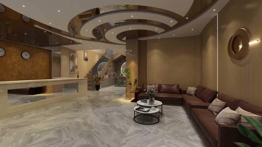 这是一张酒店大堂的3D渲染图。图中有一个米色的大理石地面，配有一些绿色的盆栽植物和装饰品，增添了生气和自然感。沙发和咖啡桌摆放在一起，构成了一个休息区，墙上还挂着一些装饰画和装饰品，提升了整个空间的艺术感。最引人注目的是前台，它位于图中的左侧，是一张棕色的皮质前台，后面是一面棕色的墙，墙的中间是一根白色的柱子，墙的右侧是一面镜子，看起来非常高端和大气。