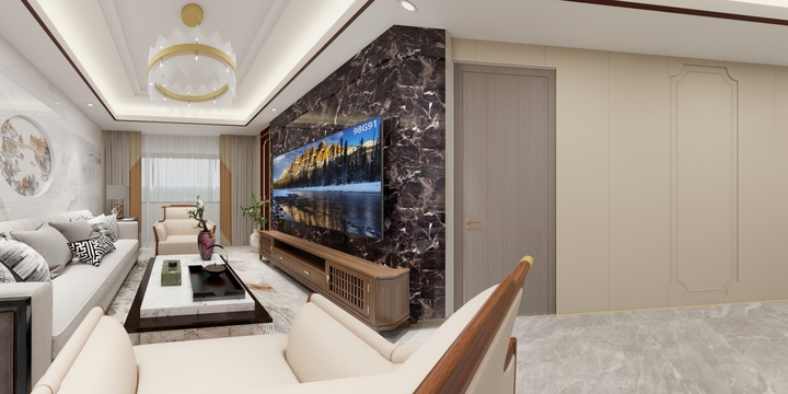 紫属工作室-银河浪漫-现代新中式客餐厅-装修设计方案