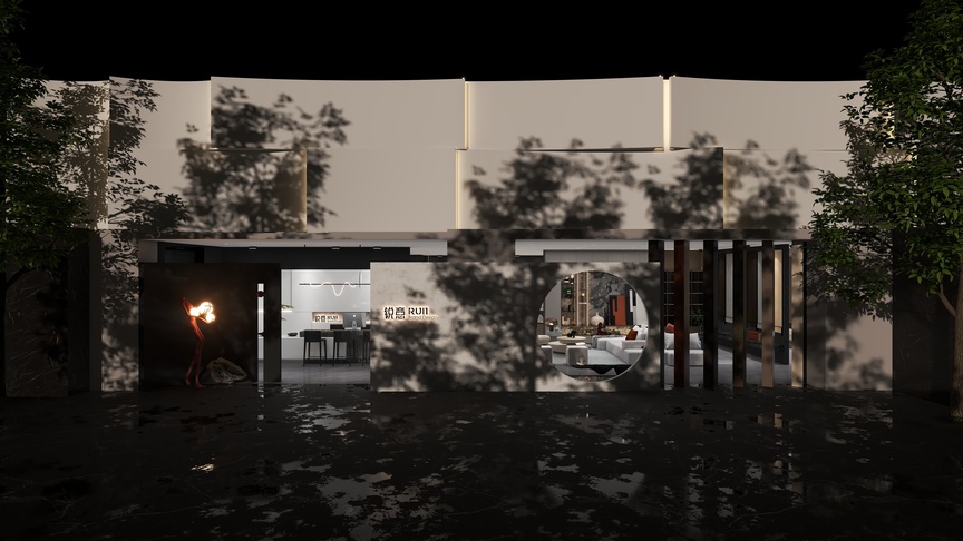 这是一个3D渲染的场景，场景中有一座建筑。建筑的前面有一棵大树，树影投射在建筑的白色外墙上，增添了艺术气息。在建筑的一侧，有几扇窗户，窗户与黑色的框架形成了鲜明的对比。在窗户的旁边，有一个类似门的设计，上面有木制的扶梯直通到建筑内部。建筑内部的灯光透过这个门洒出来，形成了一种独特的灯光效果。在门的一侧，有一个类似吧台的设计，吧台的一侧有吧台凳，其上坐着一个蜡烛台，上面插着一支蜡烛，散发出微弱的光亮，给人一种温馨舒适的感觉。整个场景在黑色背景的衬托下，显得格外独特和艺术。
