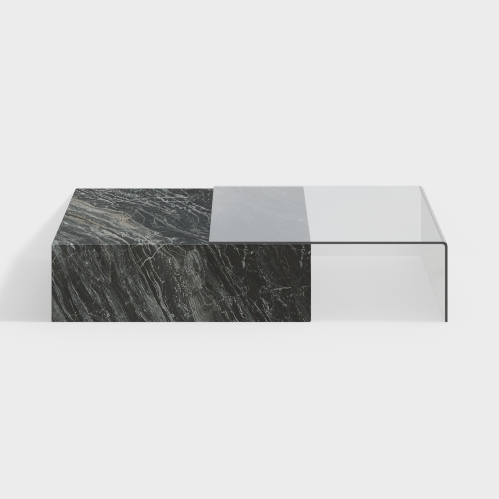 Grande table basse carrée moderne en 2 pièces en noir et transparent avec placage en marbre et acrylique