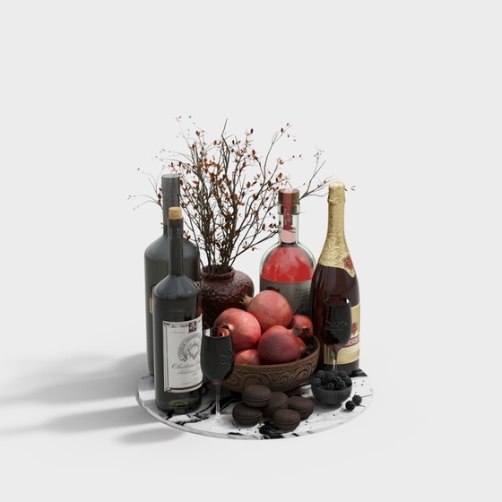 Sleek Black Wine Bottle and Glass Combination 3D Model