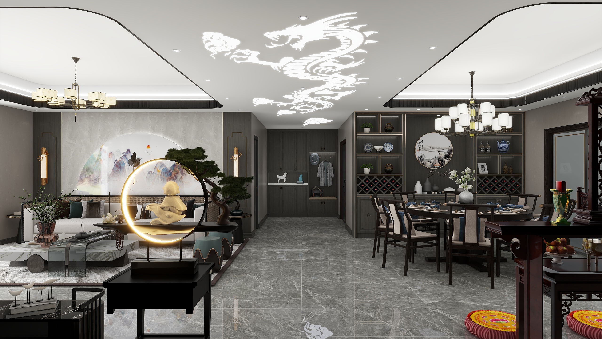 创远广告装饰工程有限公司-楚天都市·御湖—品新中式228㎡5室新港新中式配色装修效果图