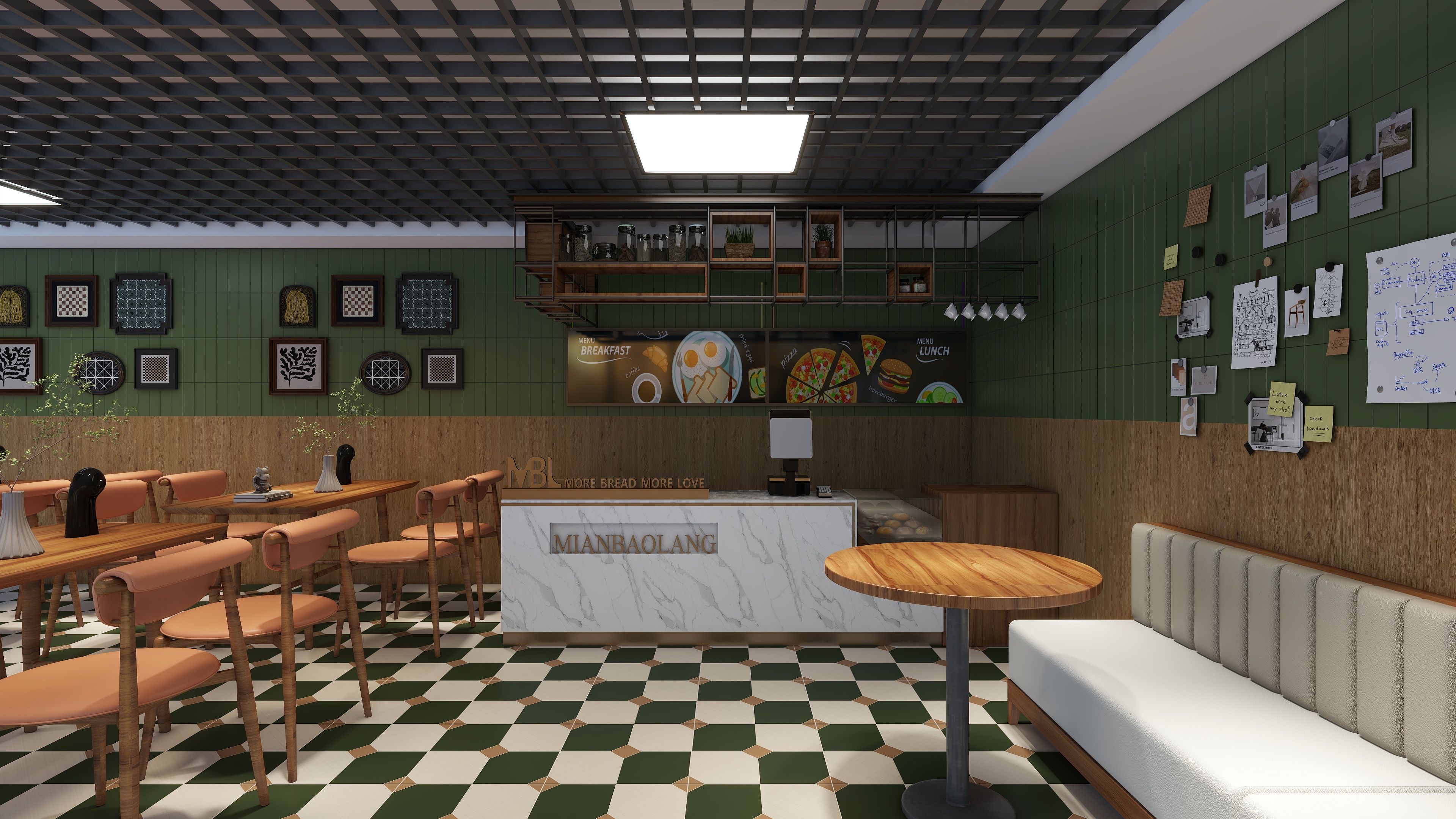 星空设计500一套-55㎡复古风快餐店装修效果图