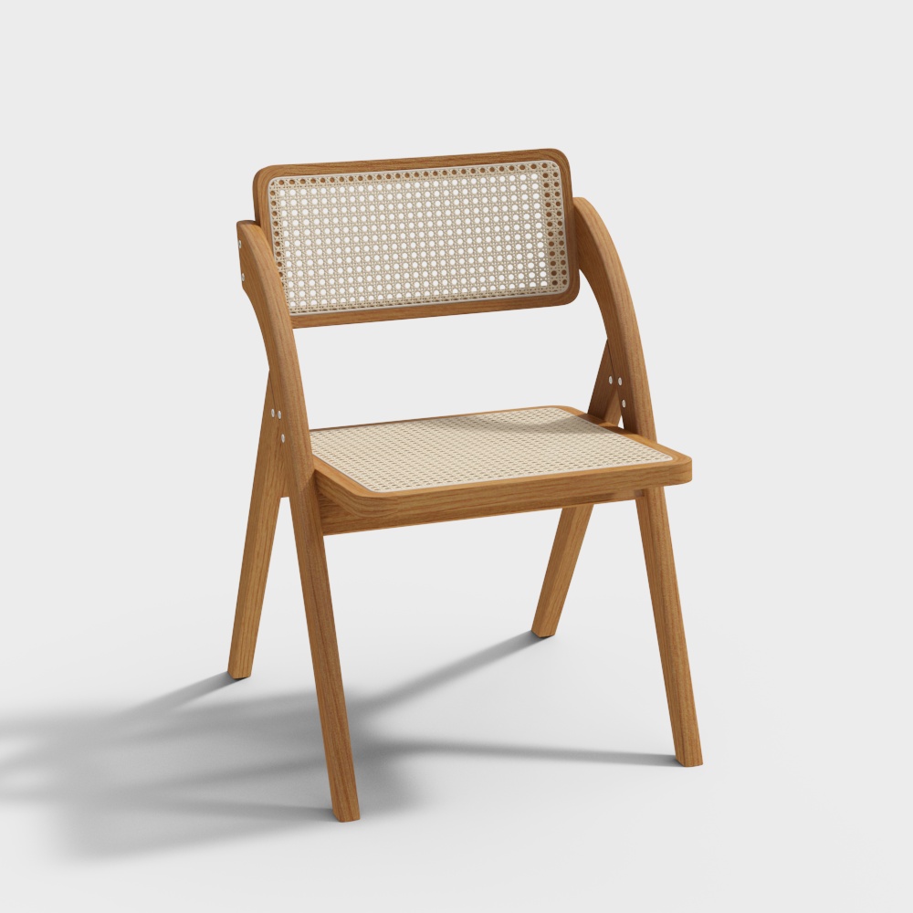 Japandi Walnut Folding Dining Chair (Set of 2) Solid Wood Rattan Side Chair