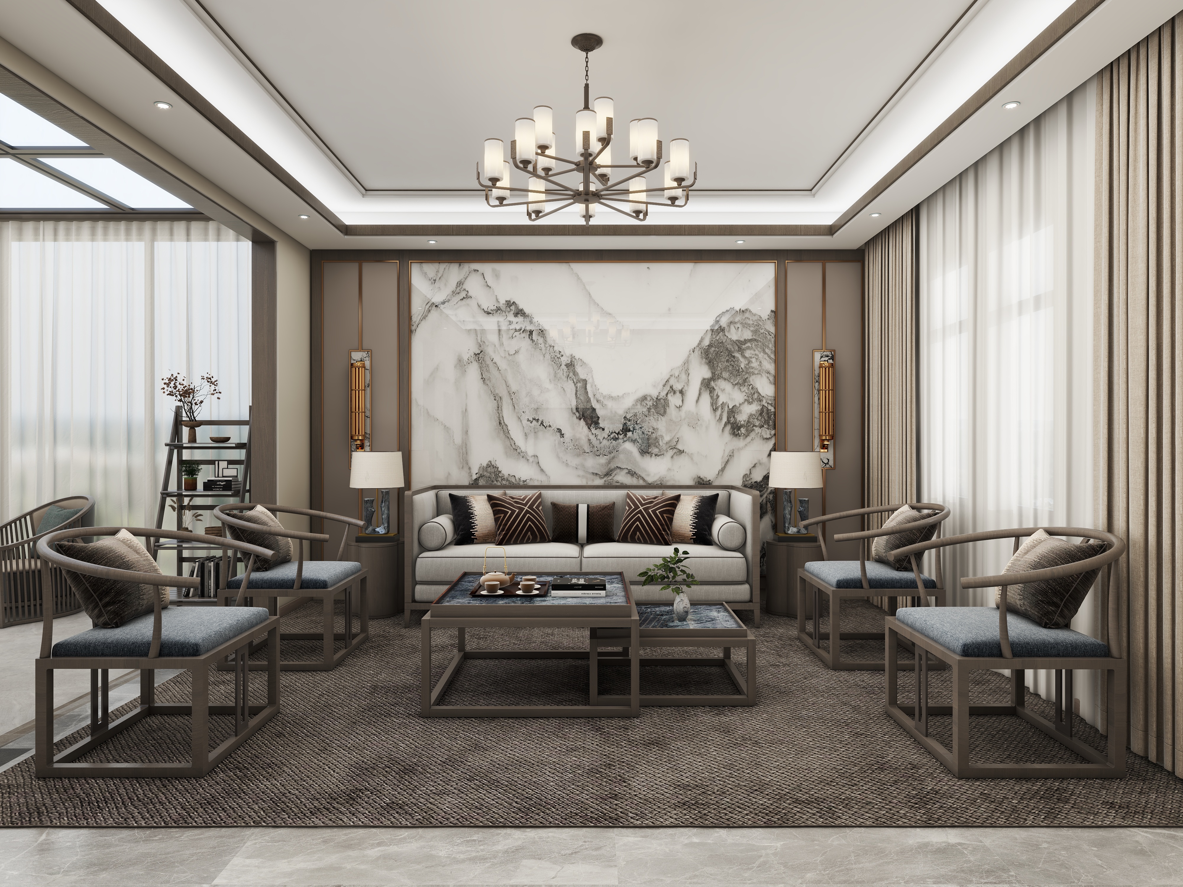 壹诺设计工作室-新中式别墅装修效果图