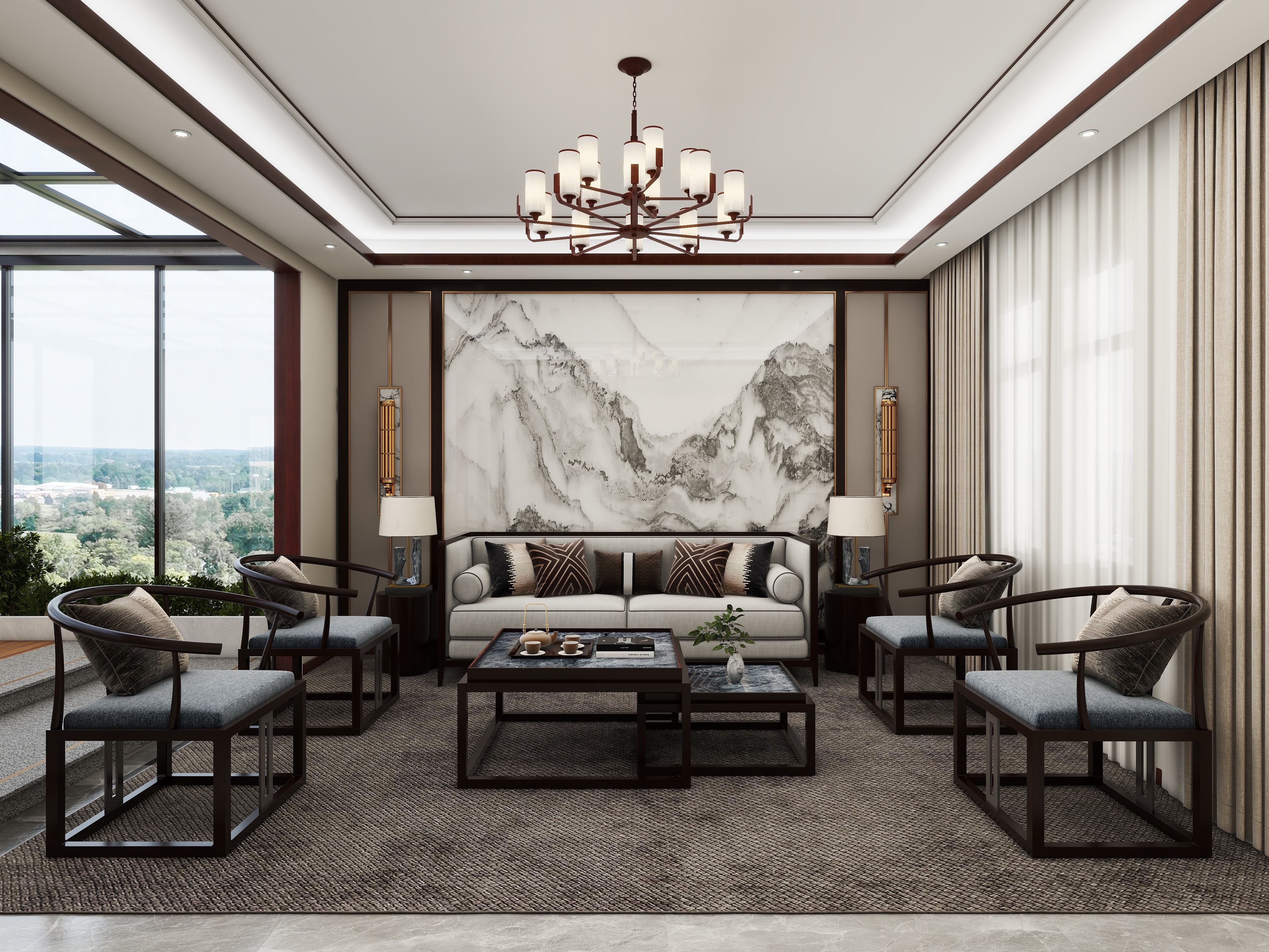 壹诺设计工作室-新中式别墅装修效果图