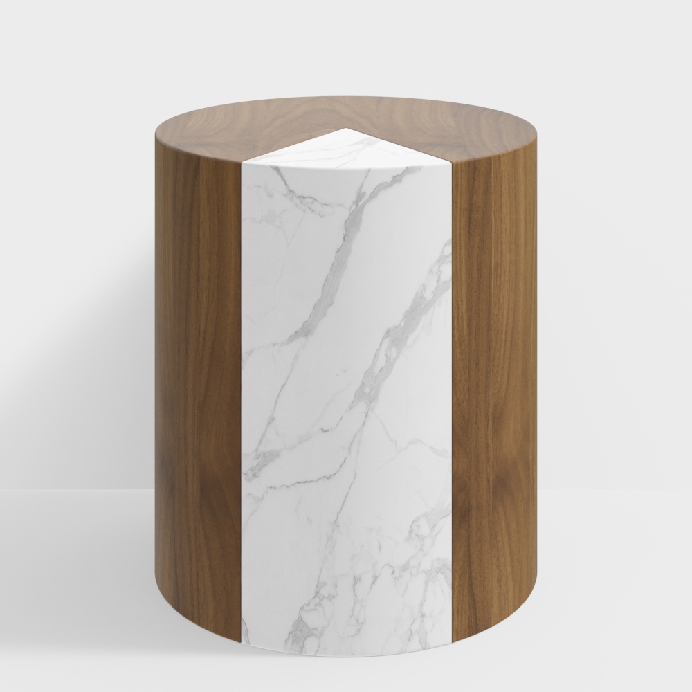 13.8"Dia Modern Drum Side Table Geniune Marble End Table Round Shape Walnut & White