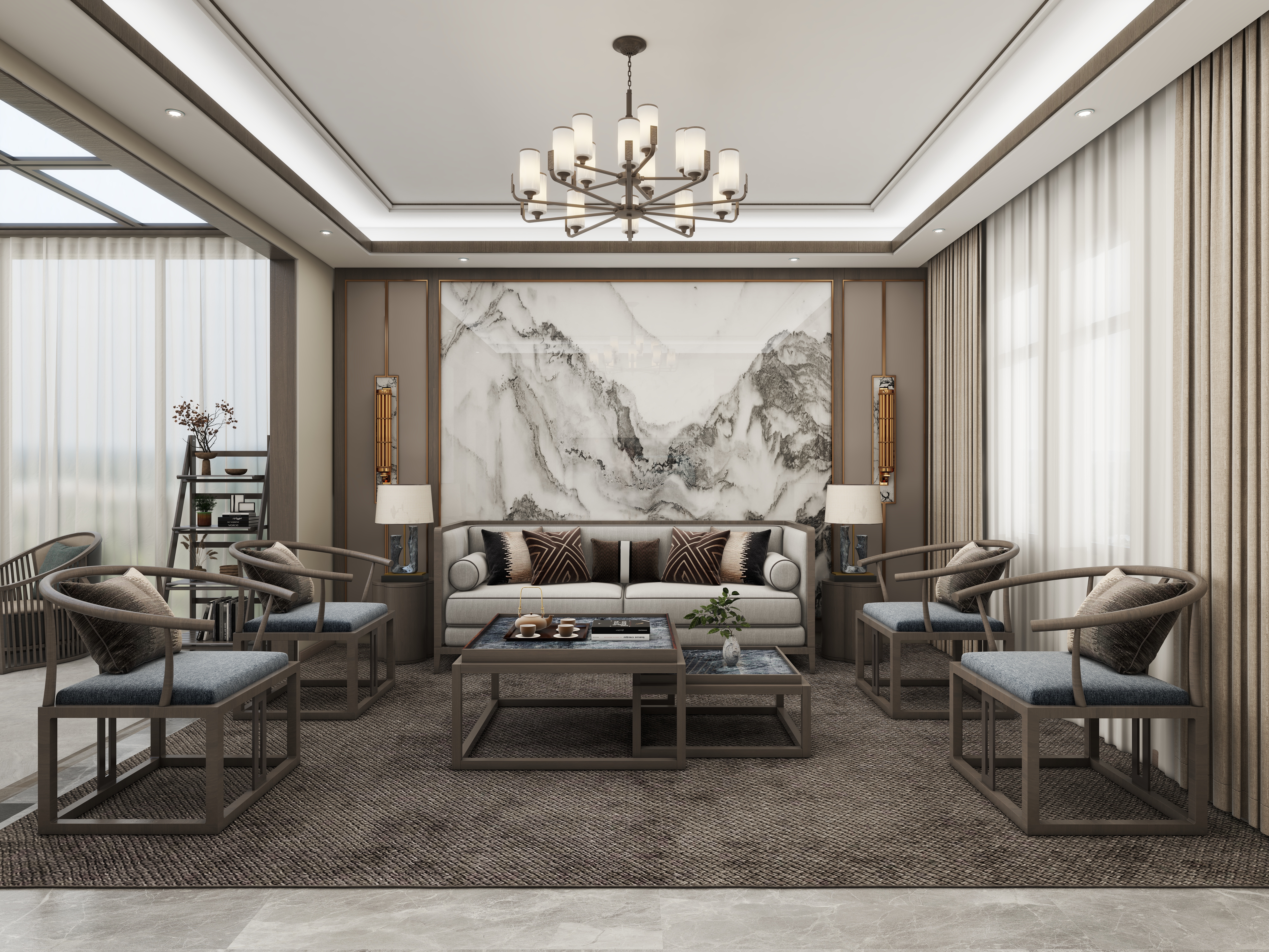 壹诺设计工作室-195㎡四层别墅-新中式装修效果图