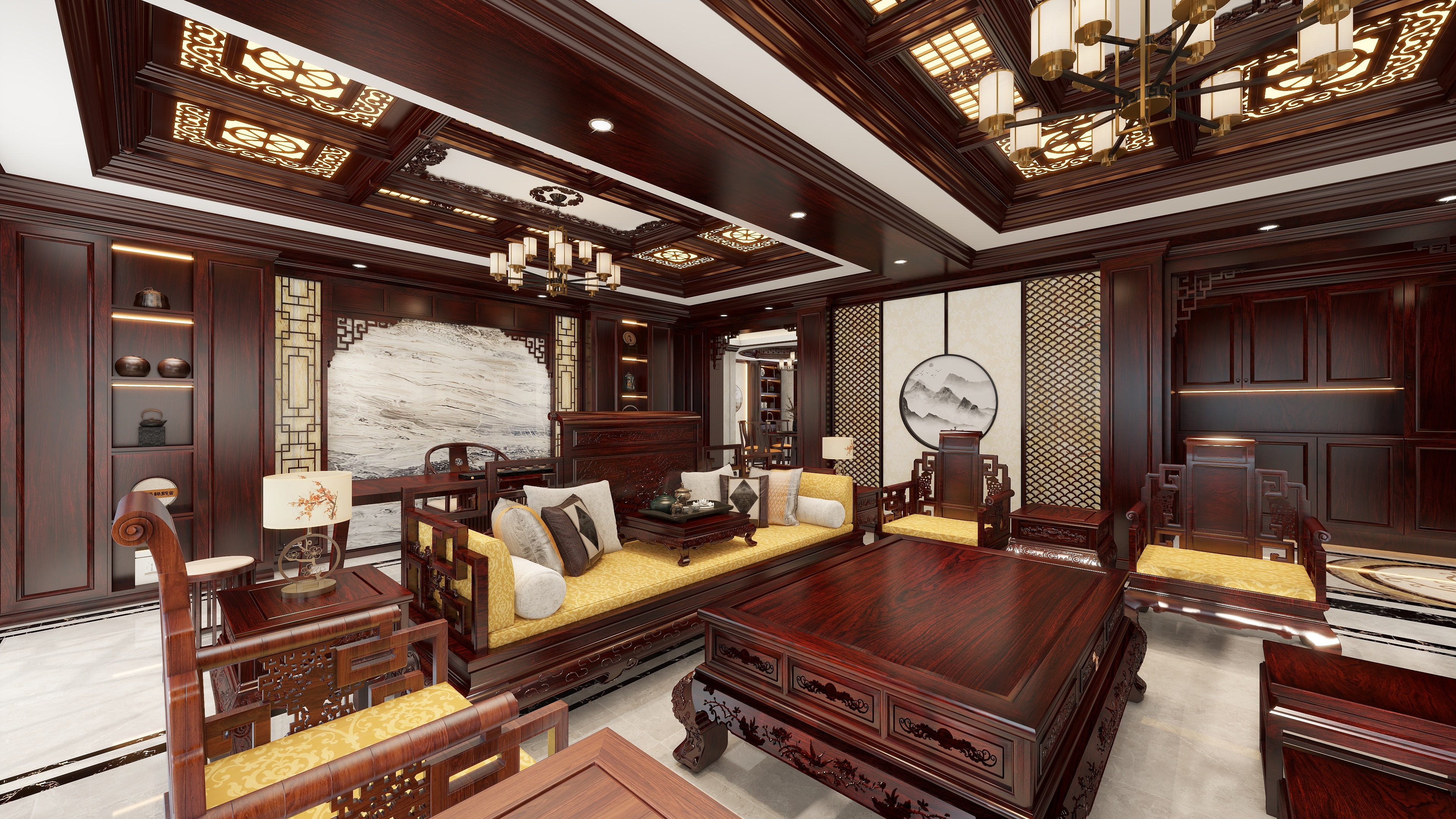 设计师HUANGQIHAO-【古典、复古中式】新城府邸两户打通161m²三室改造装修效果图