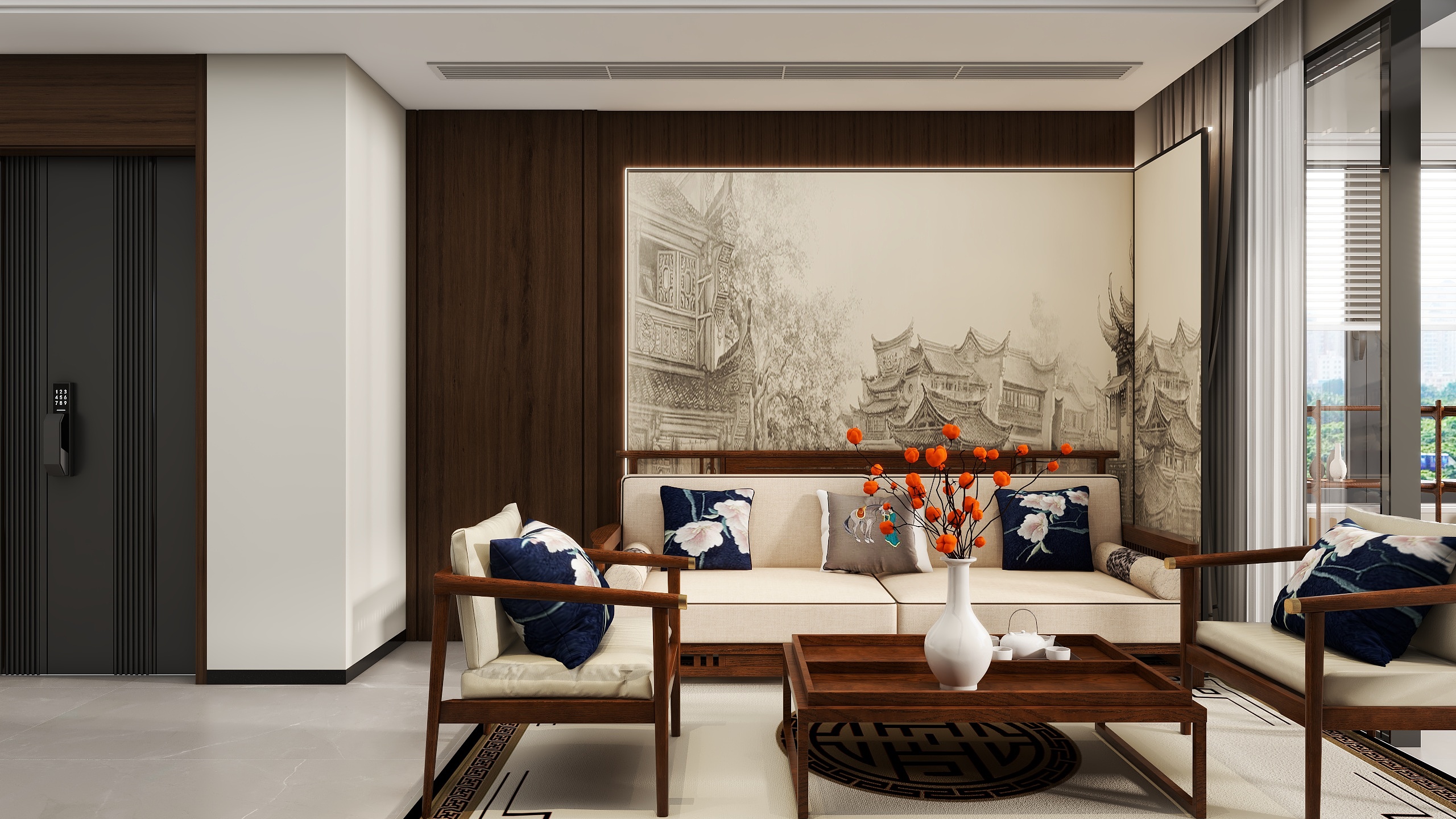 李青越-107方中式三居室装修效果图