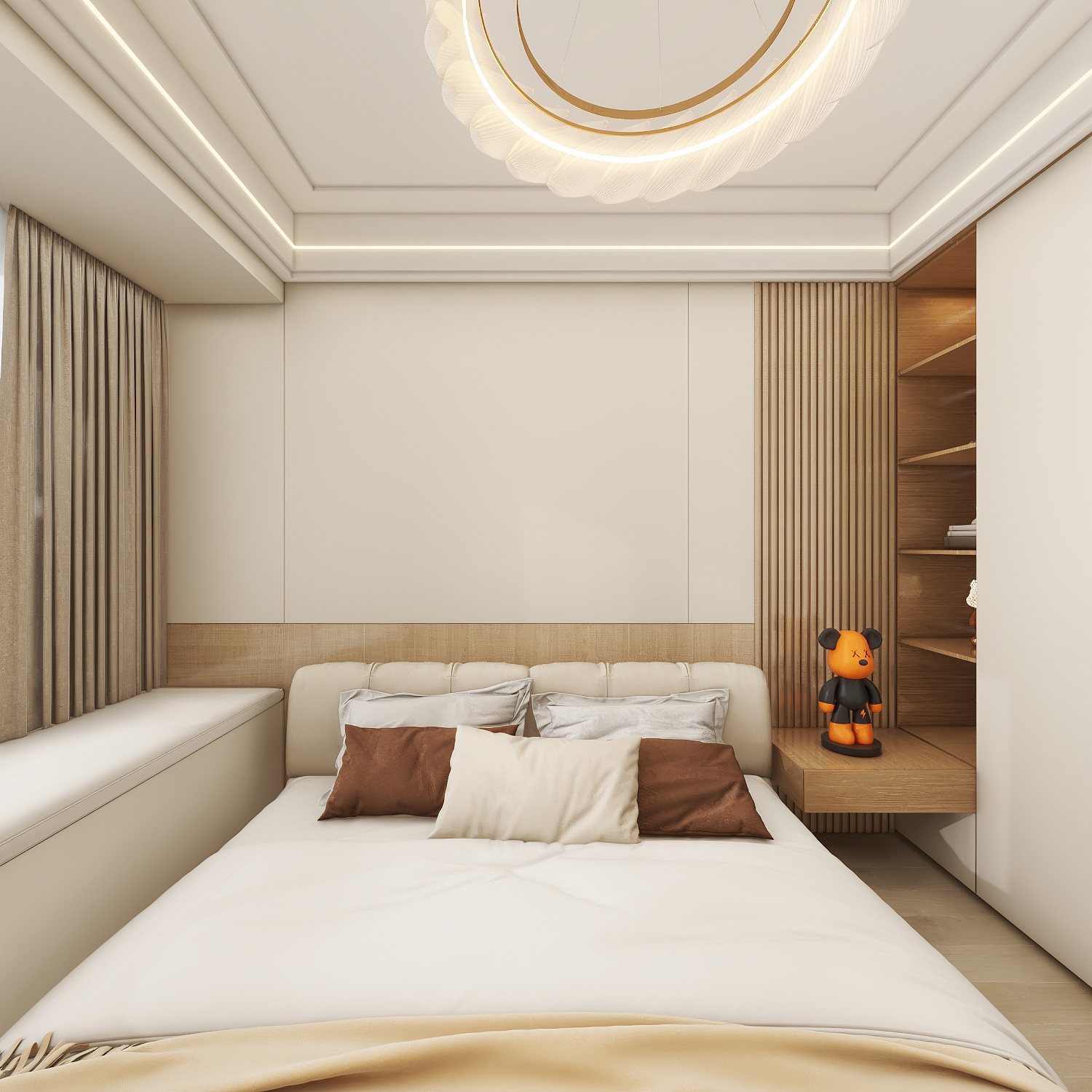 壹诺设计工作室-95㎡3室-原木风 一层主卧装修效果图第3张