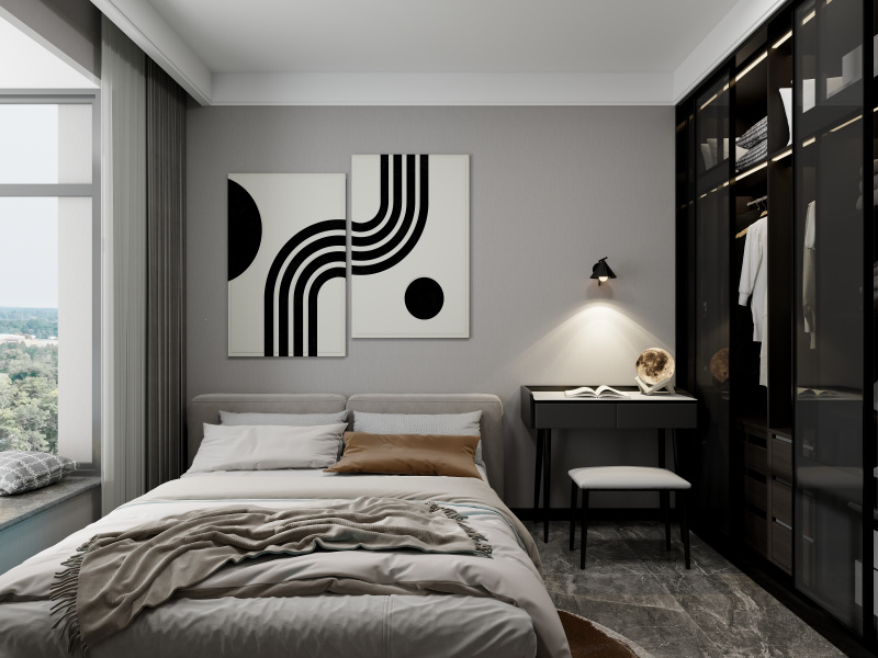 Modern Gray Bedroom with Art Focus