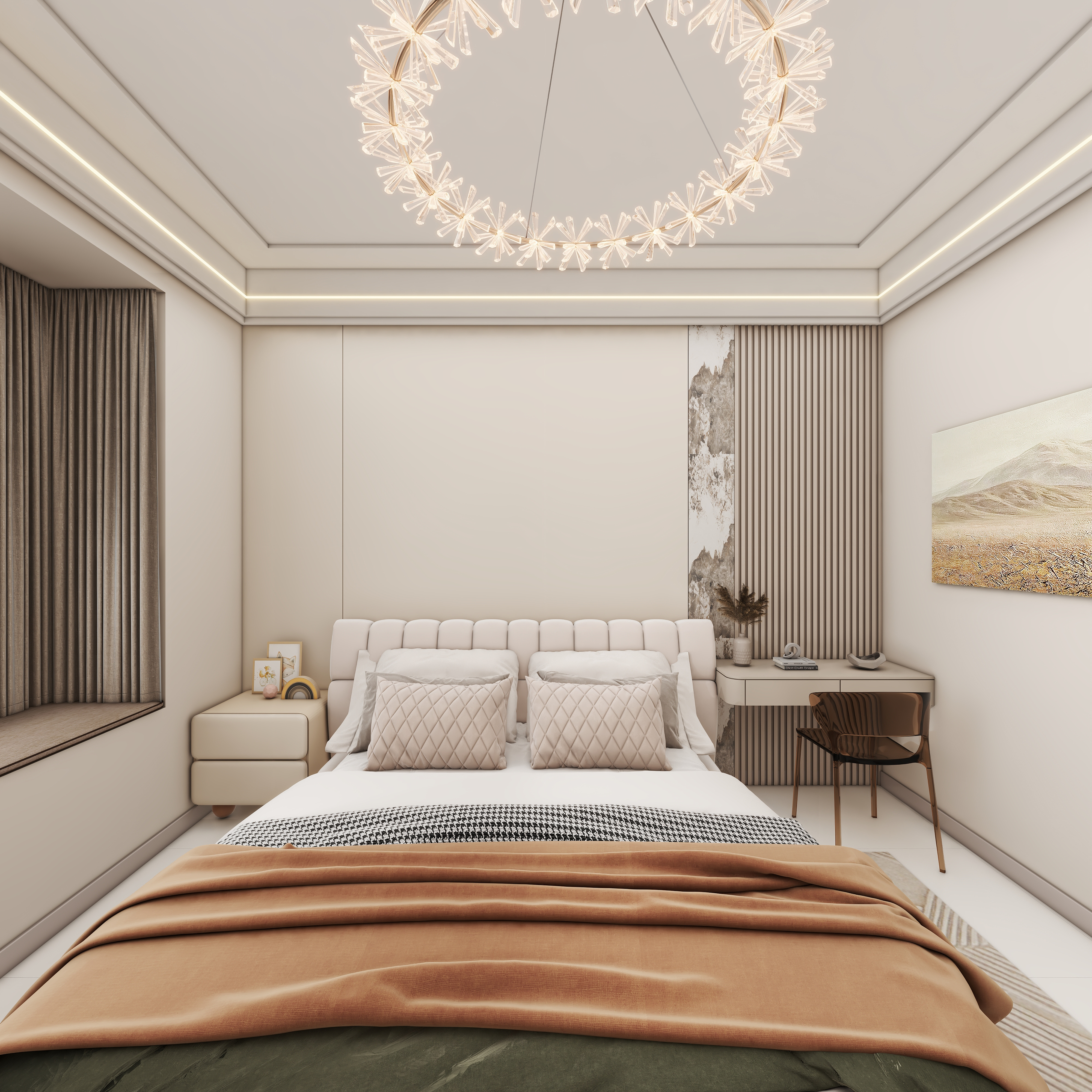 壹诺设计工作室-115㎡3室-奶油风一层主卧装修效果图第3张