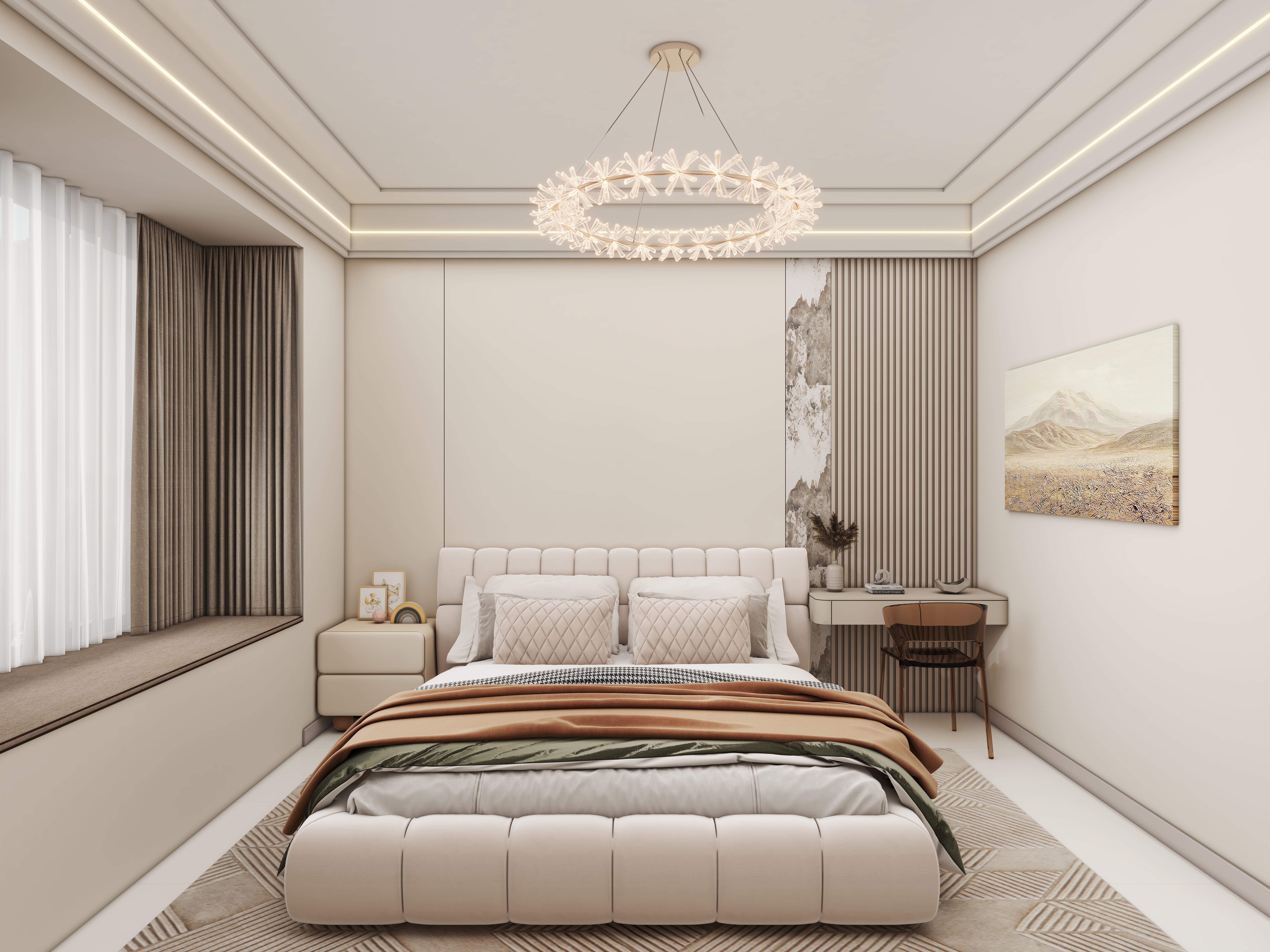 壹诺设计工作室-115㎡3室-奶油风一层主卧装修效果图第1张