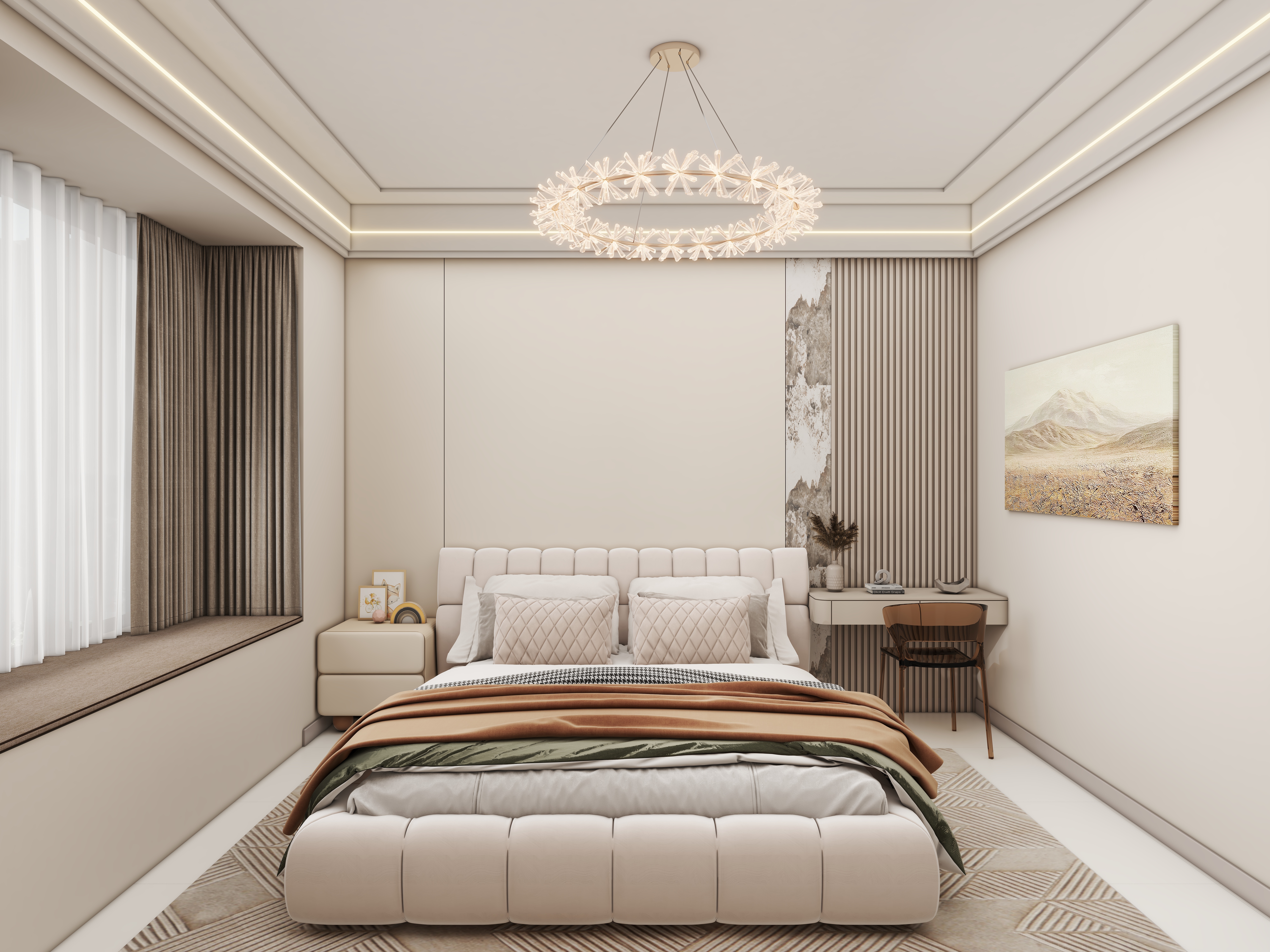 壹诺设计工作室-115㎡3室-奶油风一层主卧装修效果图第2张