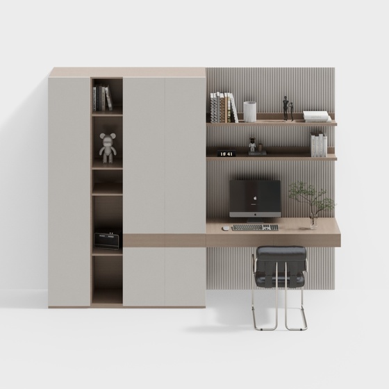 Modern Study Desk Cabinet Combination 3D Model in Golden