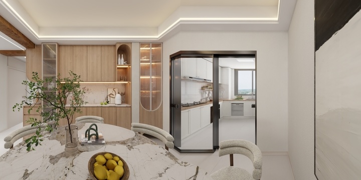 Modern Minimalist Dining Room with Wood Tones