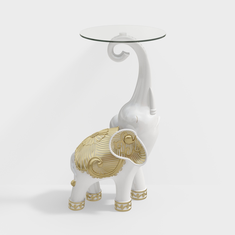 Table d'appoint en forme d'éléphant blanc avec finition dorée, table d'appoint moderne avec plateau en verre transparent