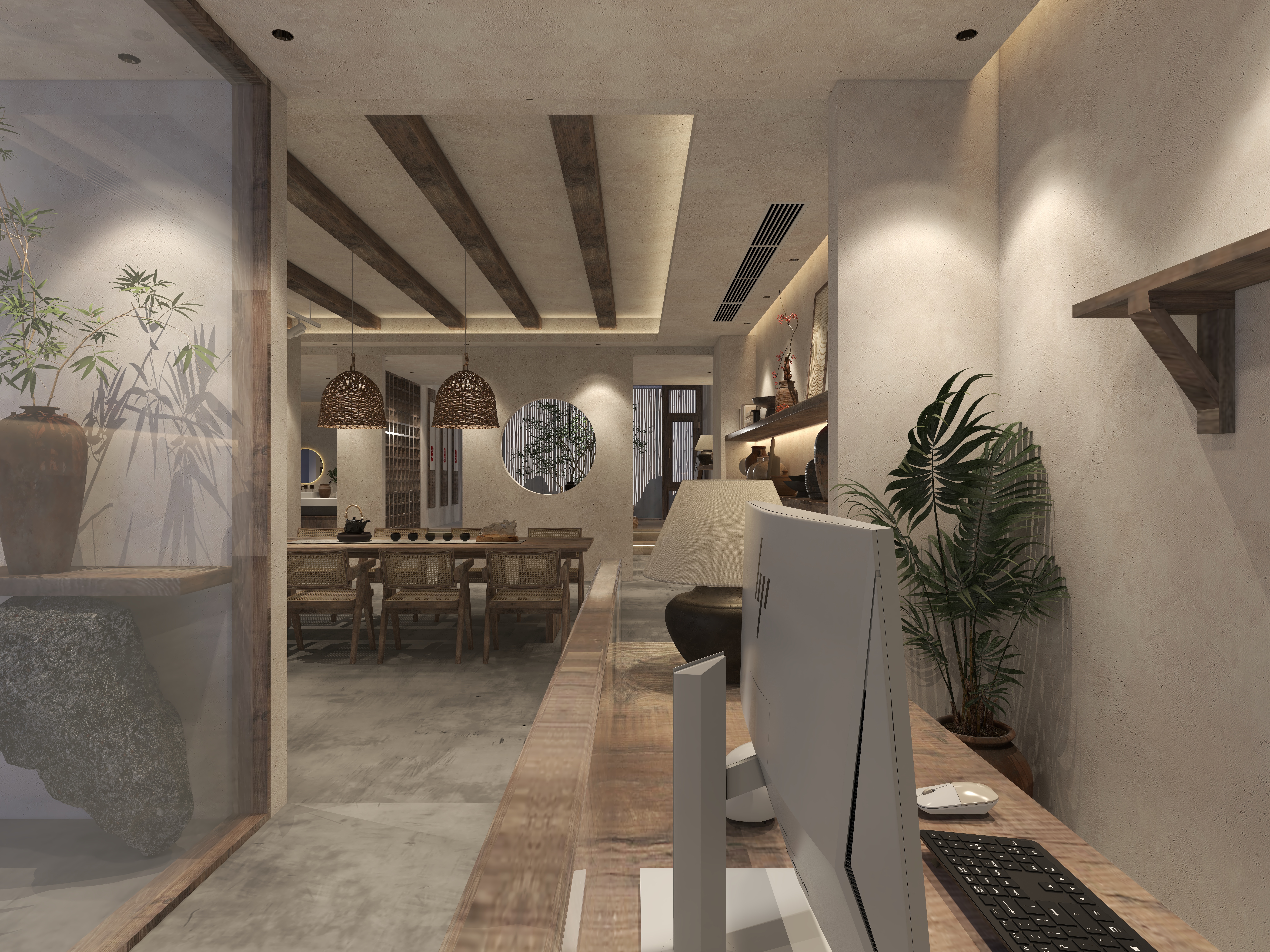 楚瑜设计-诧寂风混搭办公室一层前台装修效果图第2张