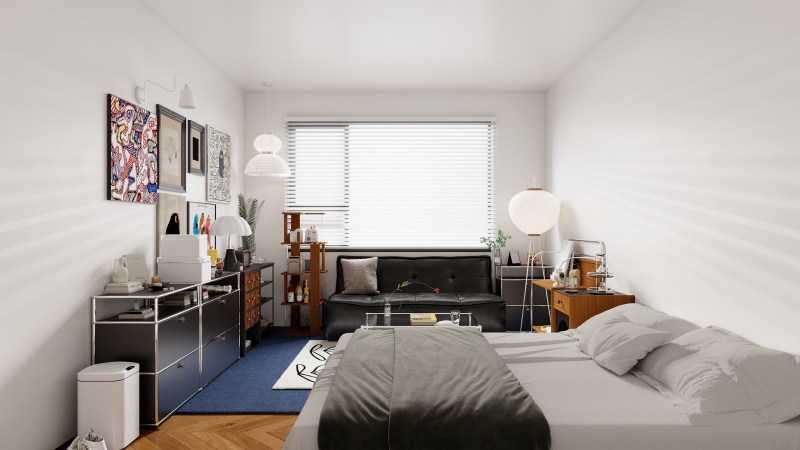 Modern White Bedroom with Grey & Blue Accents