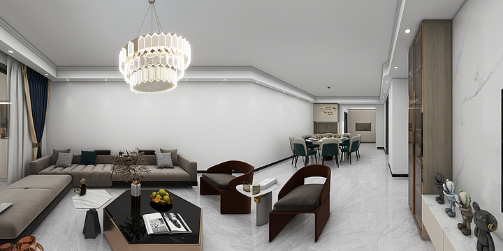 东莞全案设计师-165平轻奢风全屋效果3D场景-装修设计方案