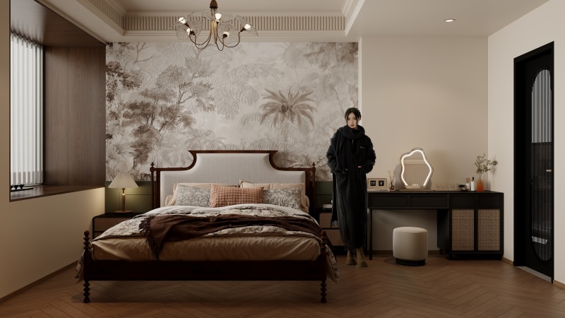 Modern Neoclassical Bedroom with Wood Tones