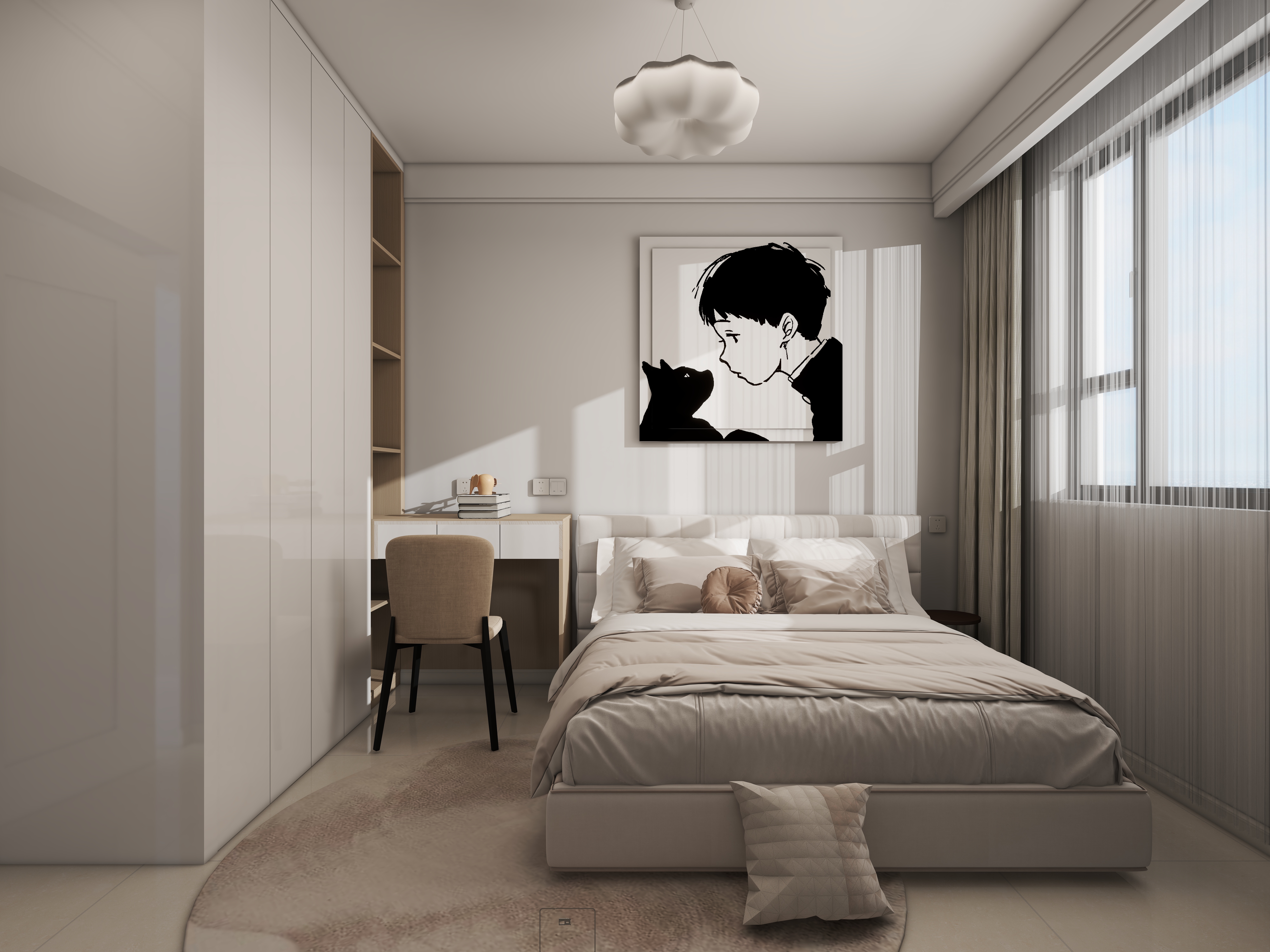 设计-男孩-址刘清悦家苑140户型-奶油风装修效果图