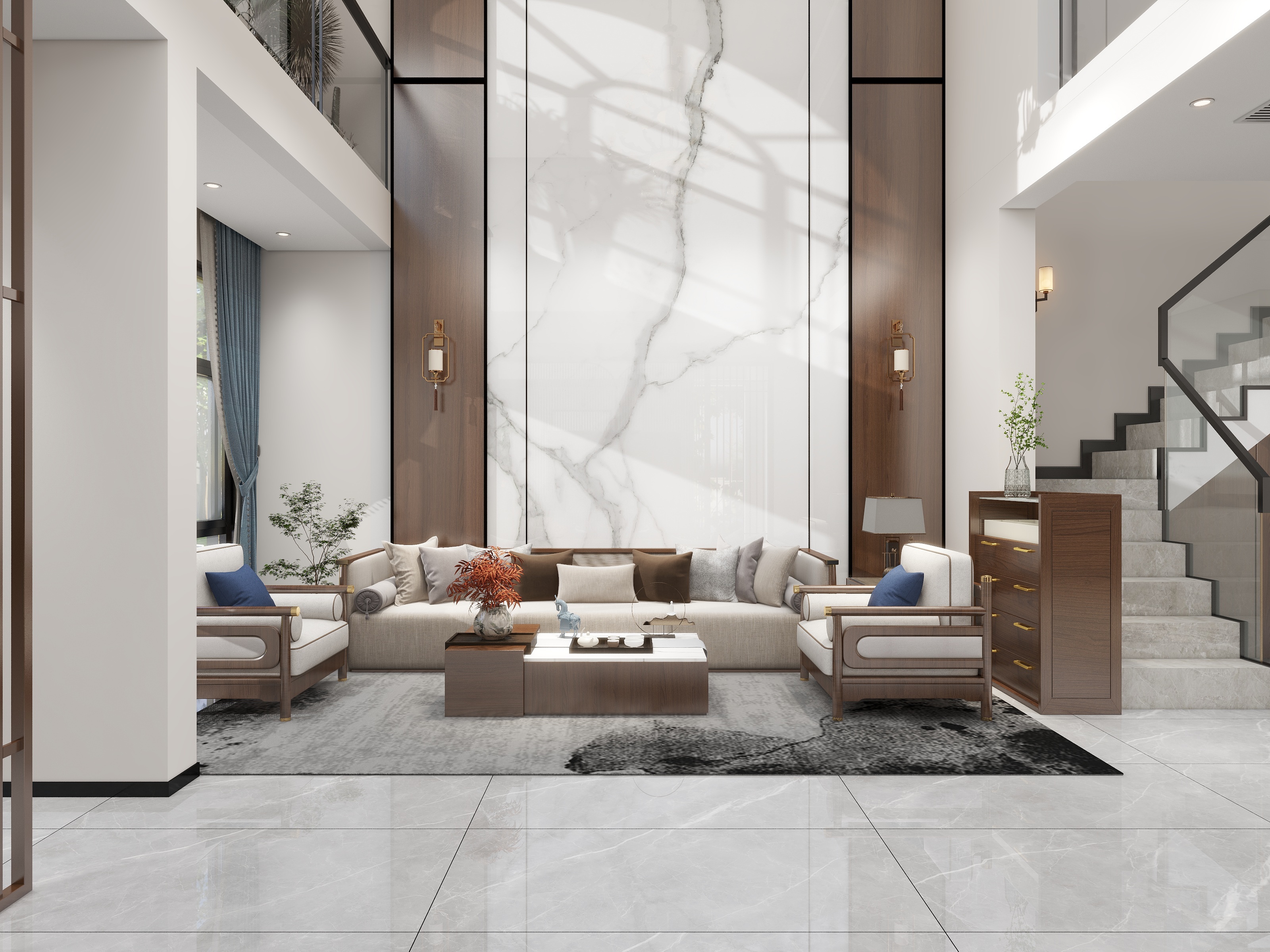 沐辰空间设计-1.14下午酷家乐对新中式挑空客厅全景-副本-装修设计方案